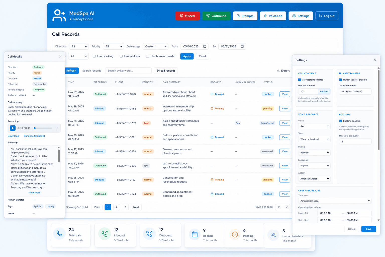 Privacy-safe product preview showing the MedSpa AI receptionist call-record dashboard, call details, and settings